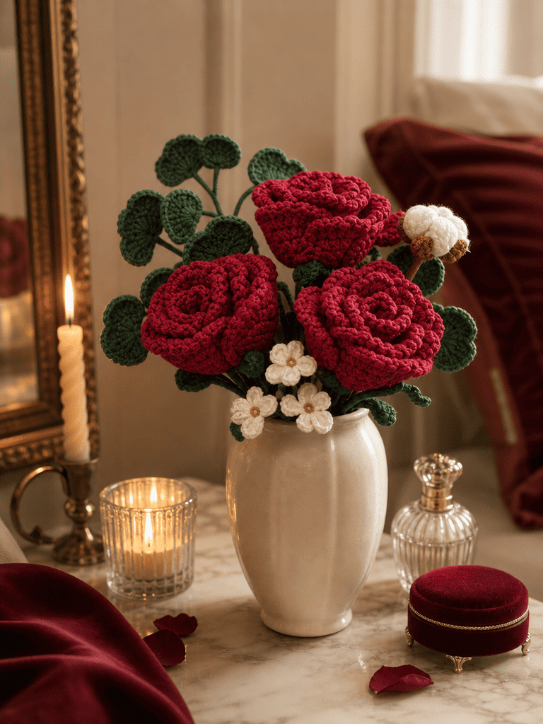 Valentine's Day Gifts Red Rose Midnight Garden Crochet Flower Bouquet