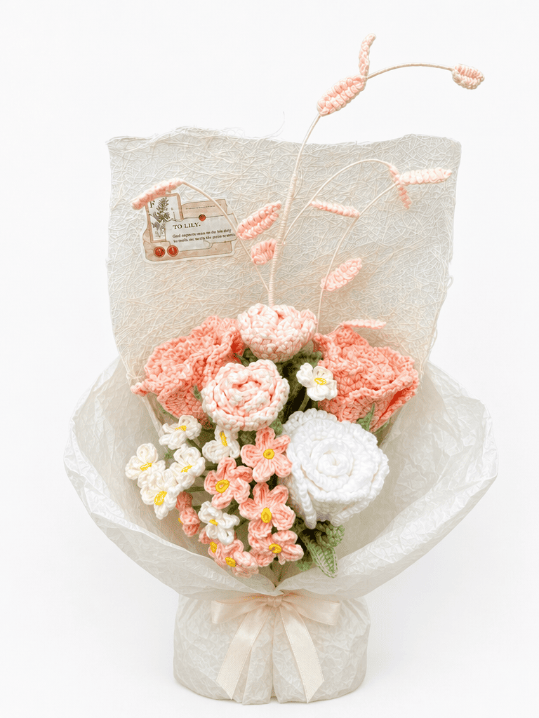 Blush Romance Rose Pink Crochet Flower Bouquet