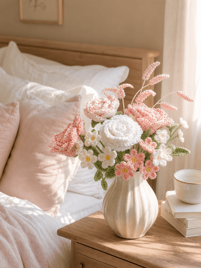 Blush Romance Rose Pink Crochet Flower Bouquet