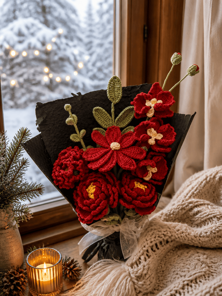 Crimson Romance Birthday Gifts Crochet Flower Bouquet