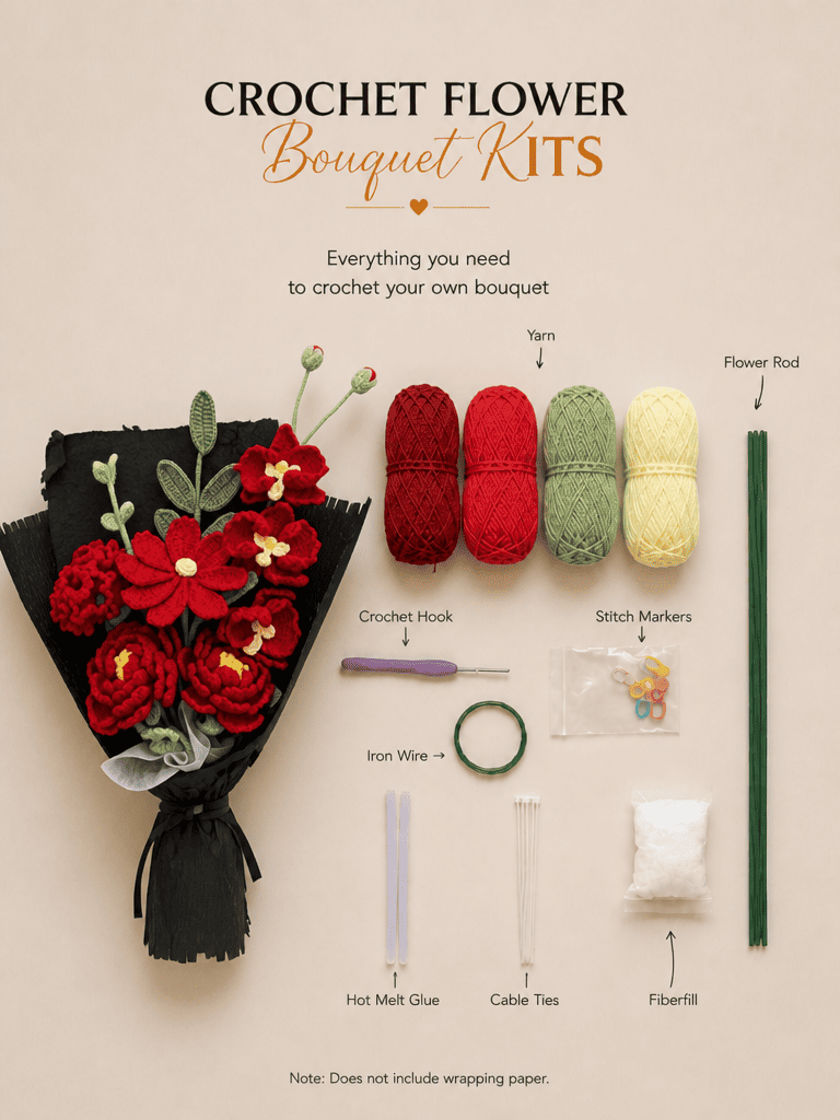 Crimson Romance Birthday Gifts Crochet Flower Bouquet