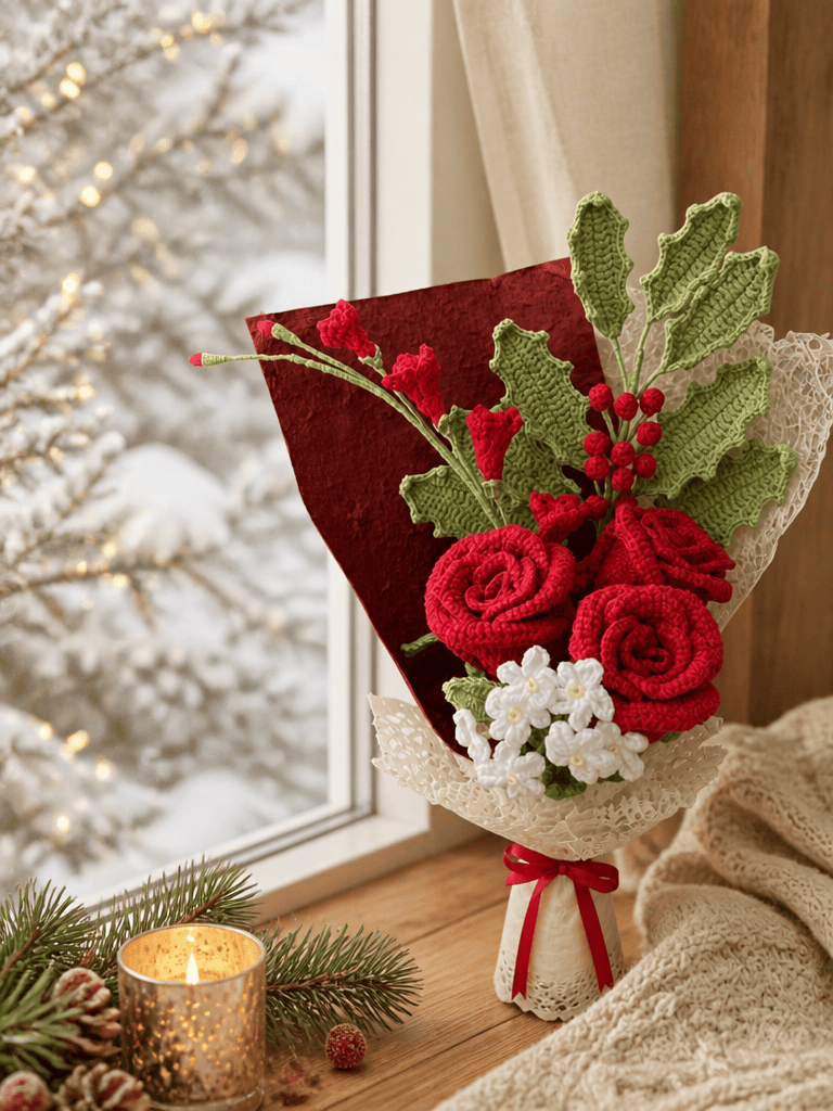 Christmas Romance Rose Crochet Bouquet