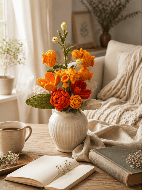 Amber Glow Crochet Flower Bouquet